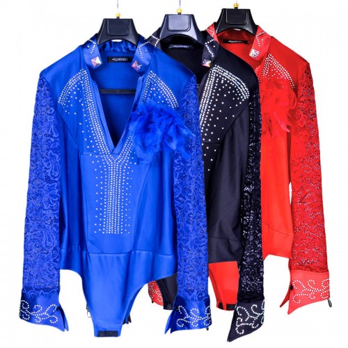 Black red blue lace ballroom latin dance shirts for men competition rhinestones long sleeves waltz tango chacha flamenco dance body tops for male